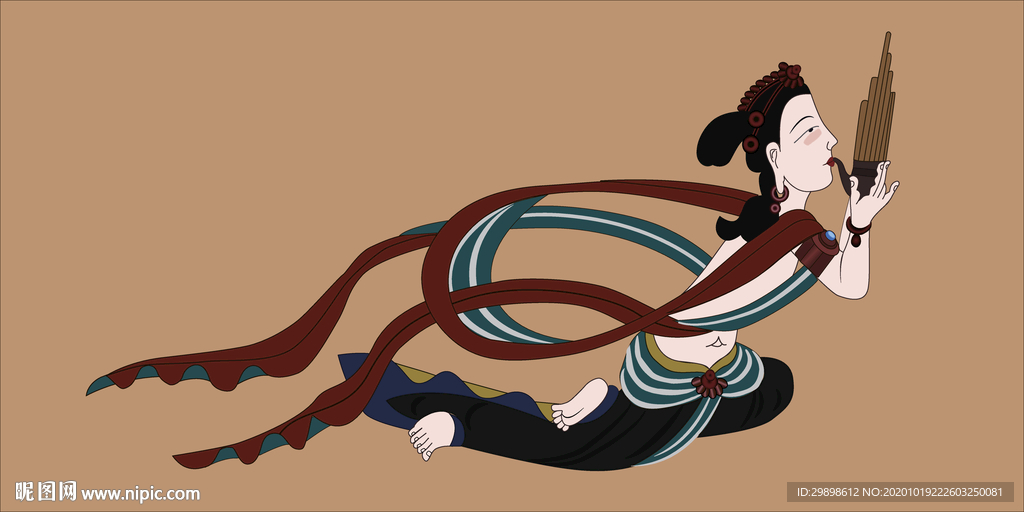 敦煌壁画莫高窟晚唐乐队吹笙飞天