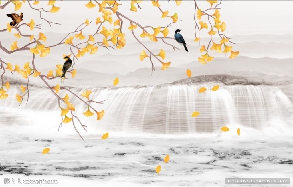 新中式水墨山水杏叶背景墙