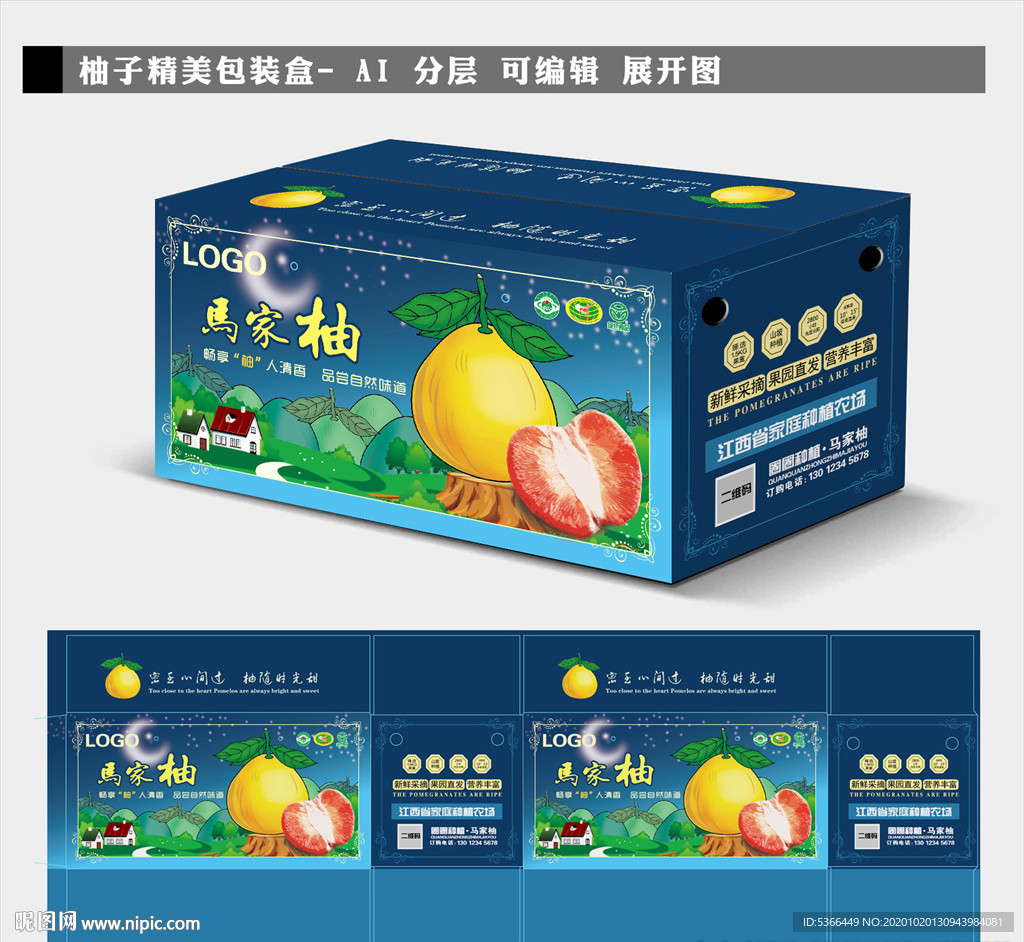 柚子 包装 平面展开图AI分层