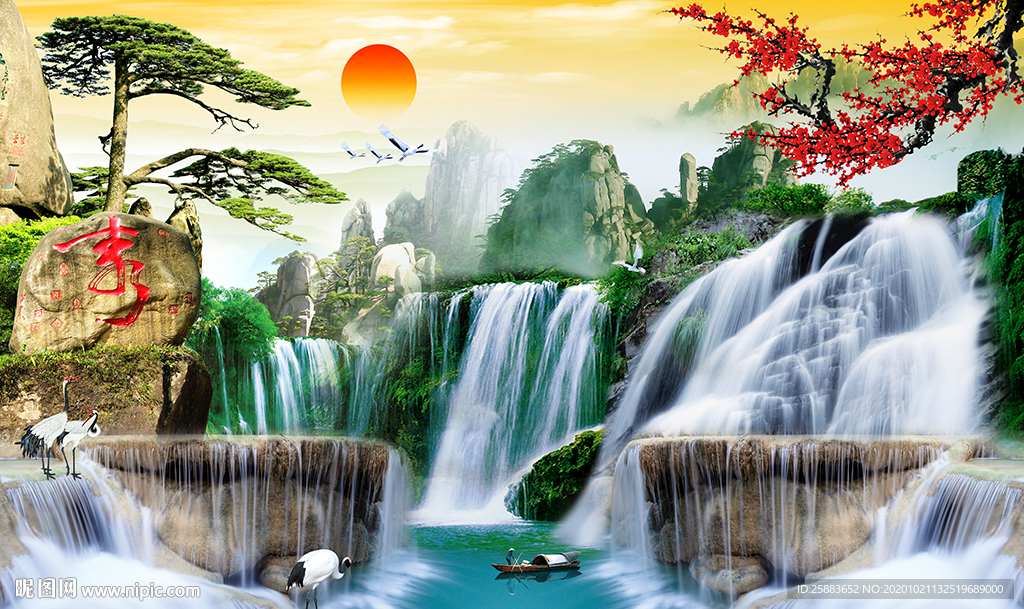 迎客松瀑布电视背景墙