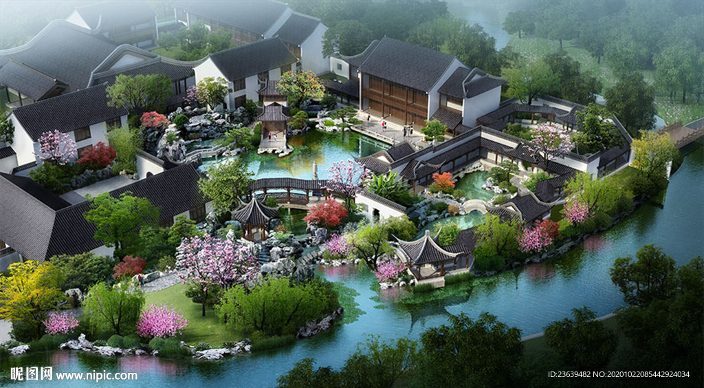 中式别墅庭院效果图