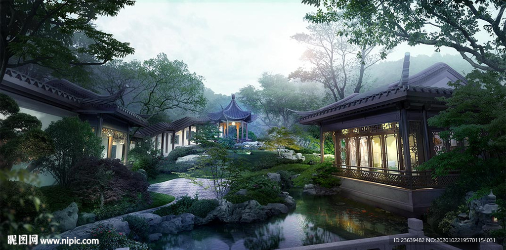 江南园林庭院效果图