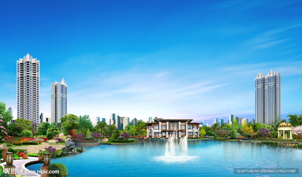 湖景 园林 洋房