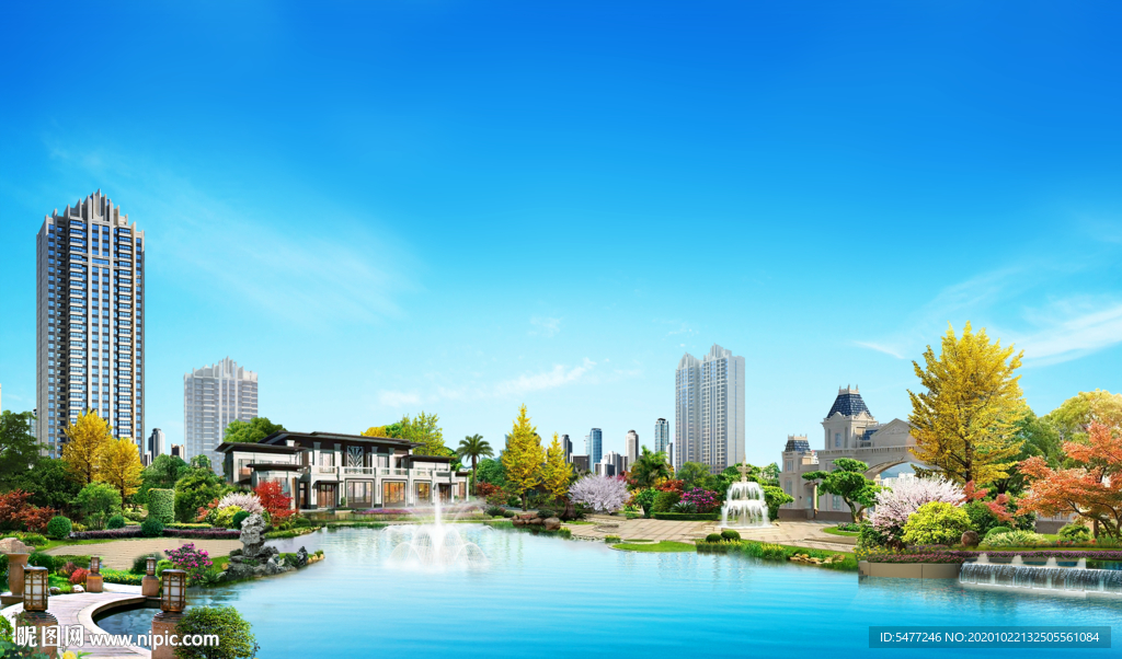 湖景 园林 洋房