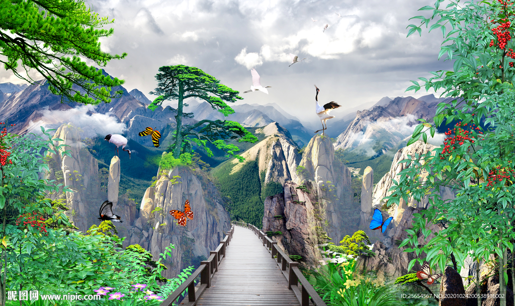 3D电视背景墙迎客松背景墙