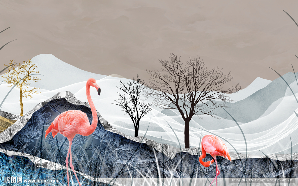 火烈鸟几何背景墙画 TIF分层