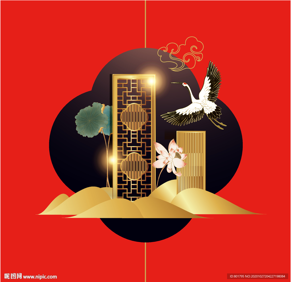 鹤 屏风 山 荷花 中国风