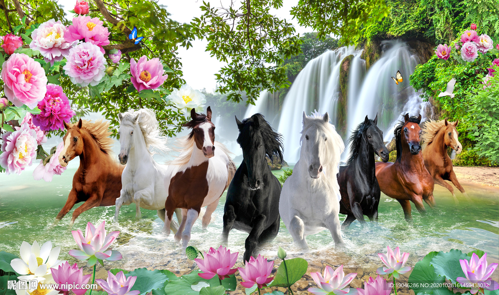 马到成功瀑布风景背景墙