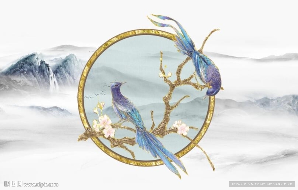 新中式大理石纹山水花鸟电视背景