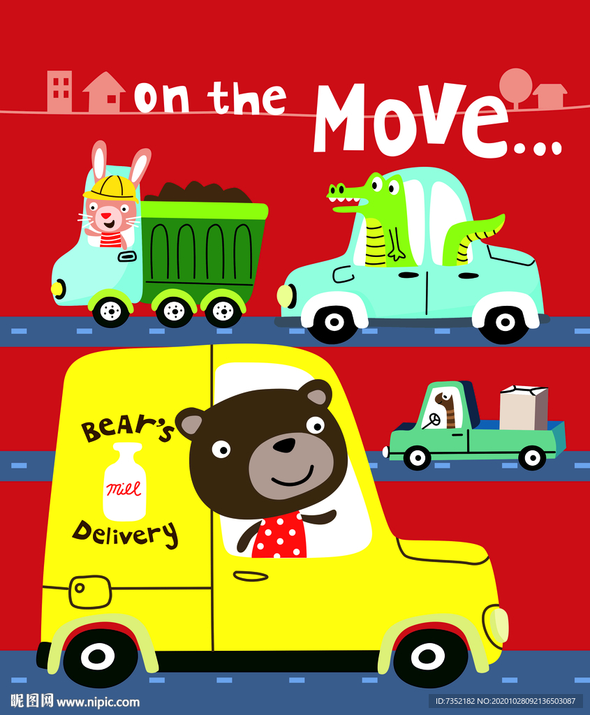 卡通 黄色汽车 熊 兔子 英文