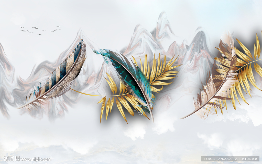 羽毛北欧新无框画 TIF分层