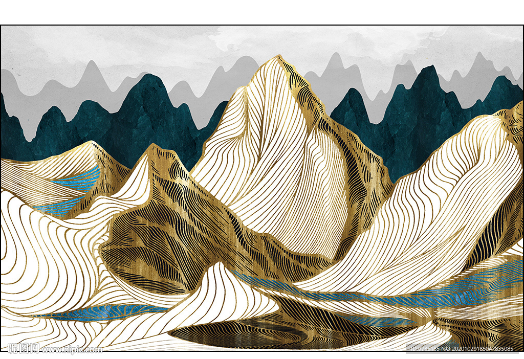艺术抽象线描金山风景壁画背景墙