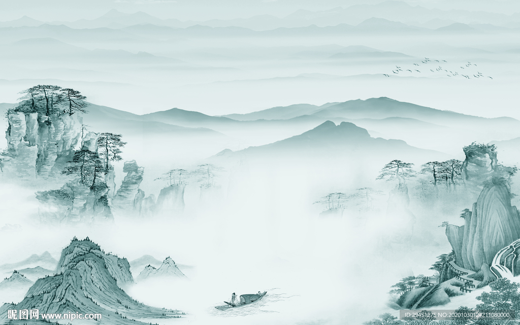 蓝色中国风山水画 tif分层