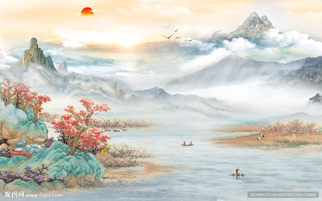 高档 中国风山水画 tif分层