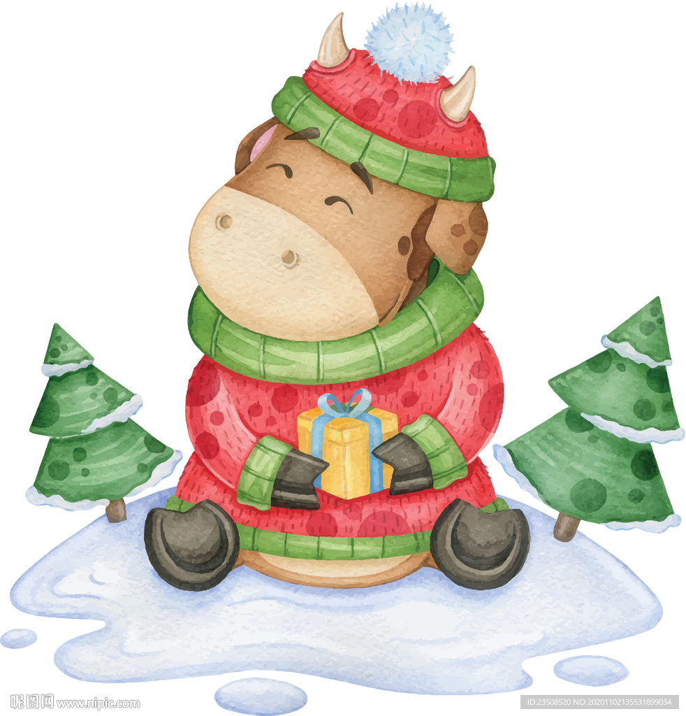 手绘卡通圣诞树牛插画图标