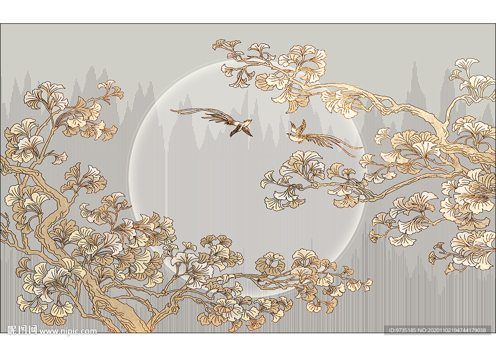 金箔银杏树轻奢新中式背景墙壁画