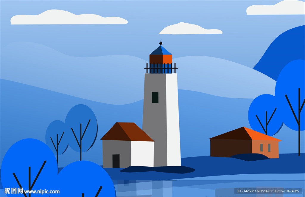 手绘灯塔 卡通房子 蓝色插画
