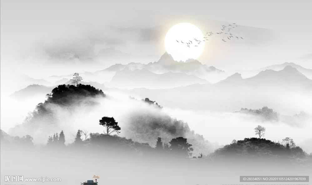 新中式水墨山水大理石电视背景墙