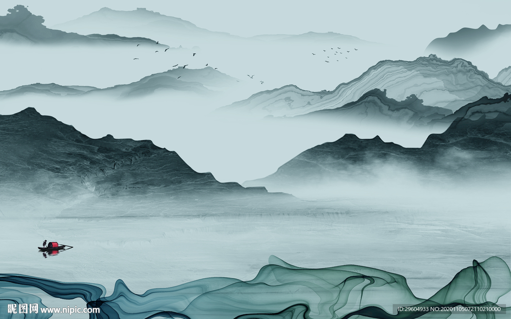 蓝色 山水大气墙画 tif分层