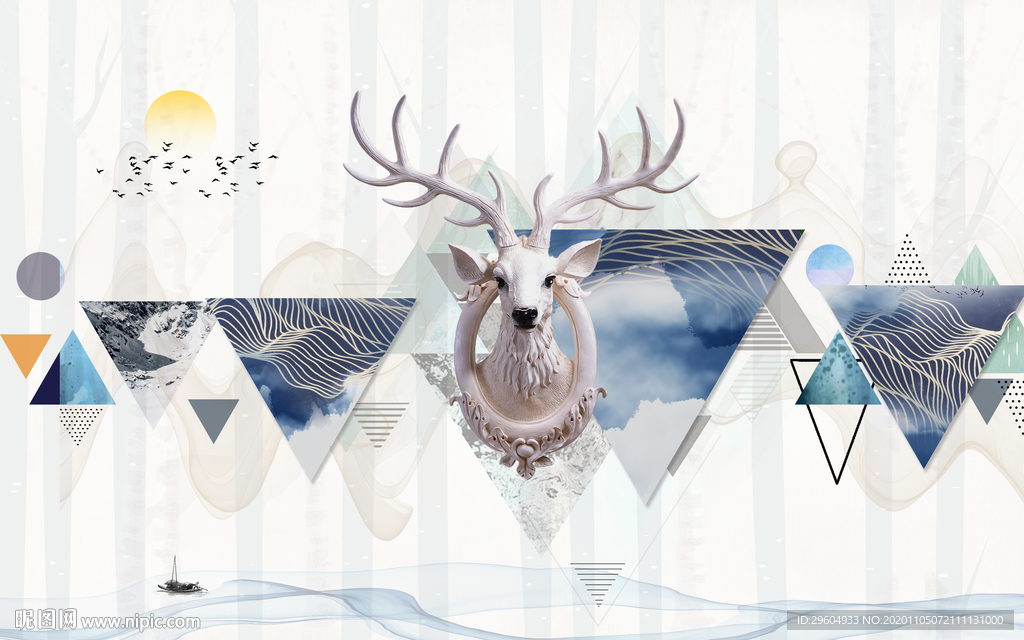 麋鹿轻奢新无框画 tif分层