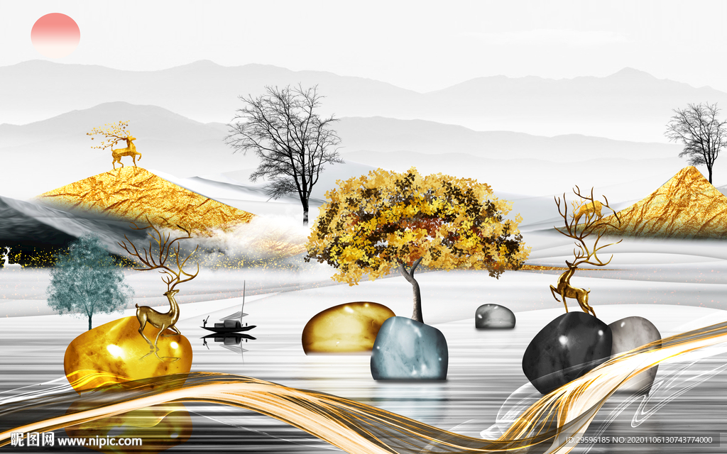 大气新轻奢山水画 tif分层