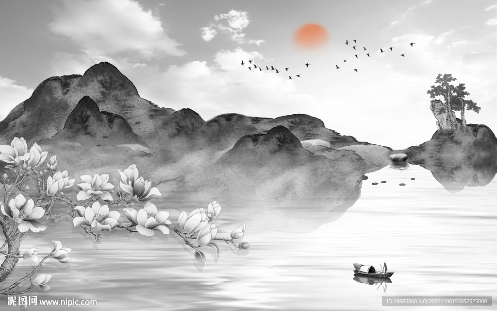 国画 高清灰色山水 tif分层