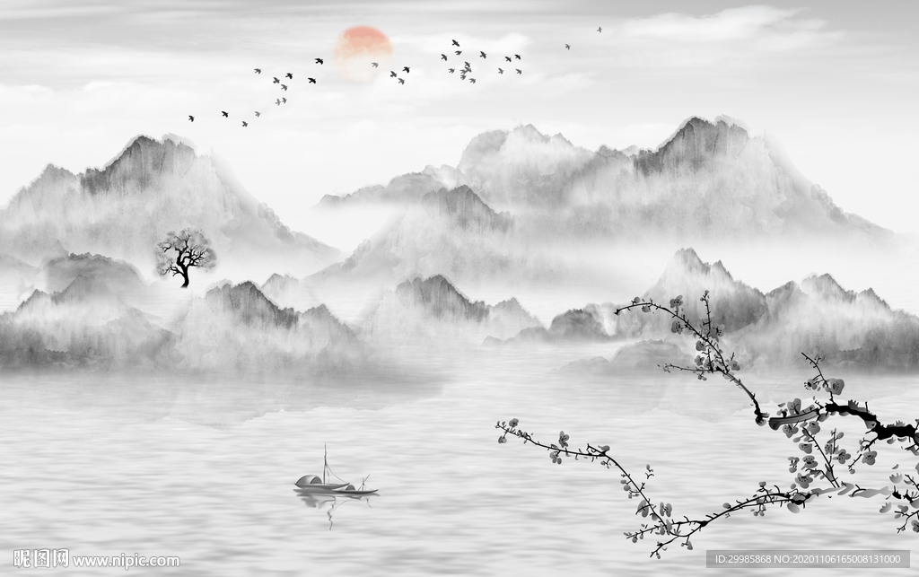 高档 高清灰色山水 tif分层