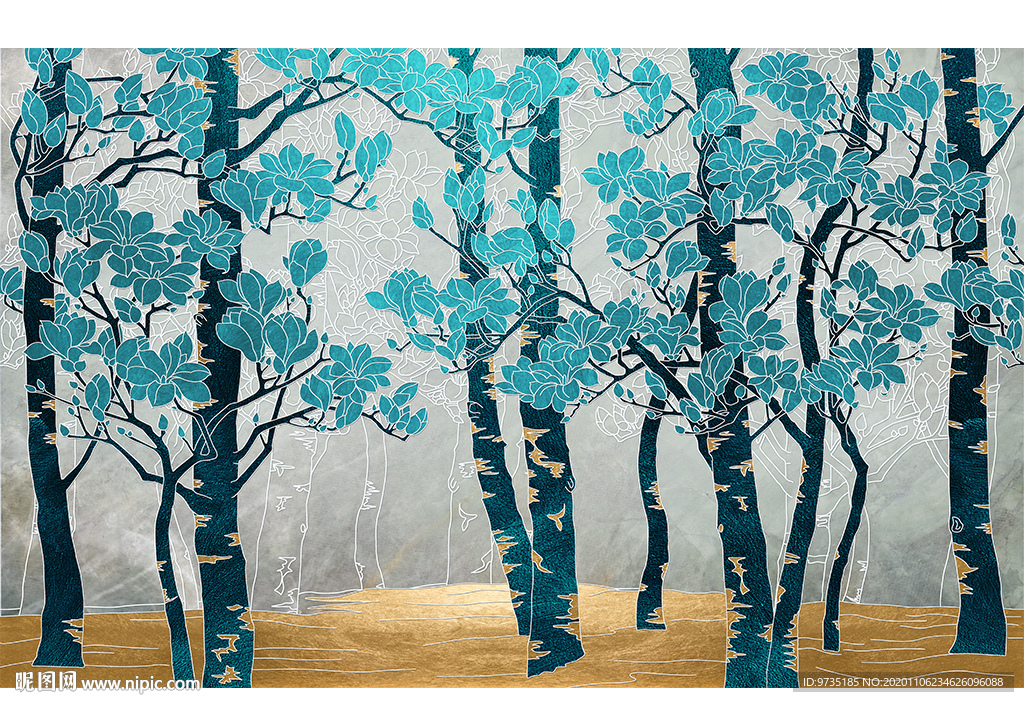 轻奢艺术线描玉兰花壁画背景墙