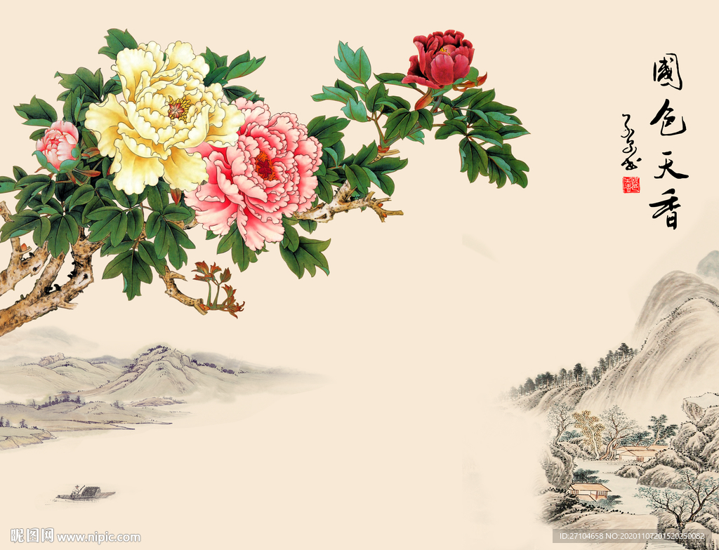 国色天香牡丹花背景墙