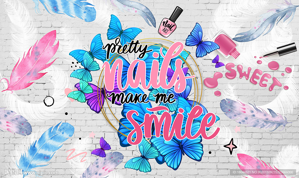 个性英文蓝蝴蝶美甲工装背景墙