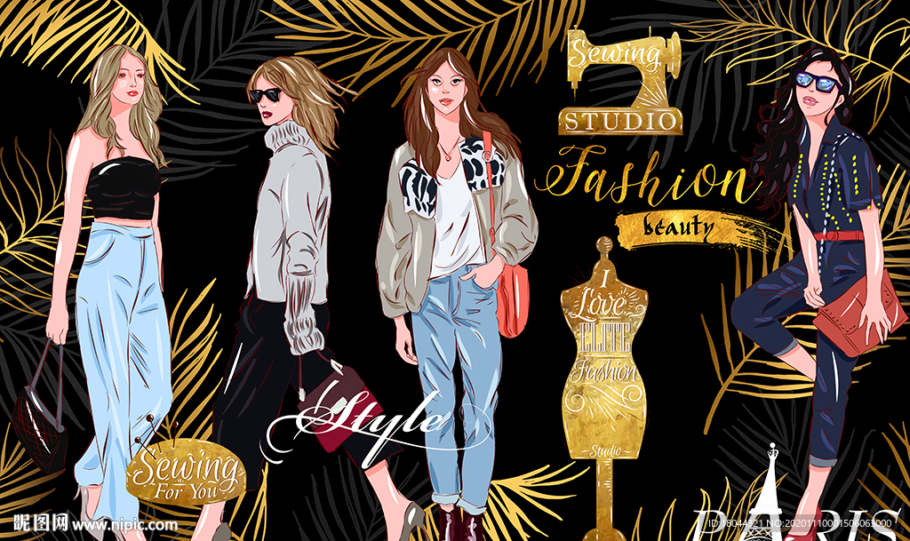 轻奢金色树叶服装店工装背景墙