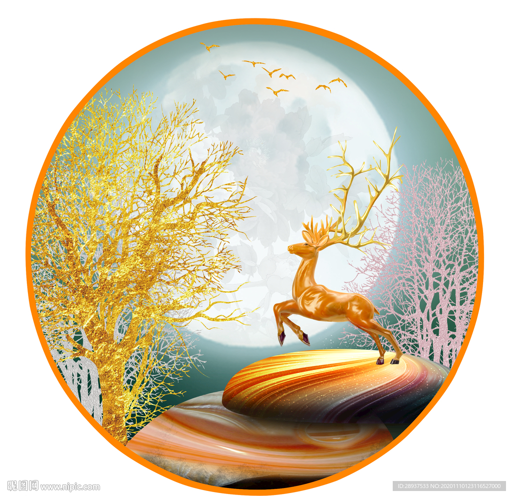 原创梅花鹿鹅卵石装饰画壁画