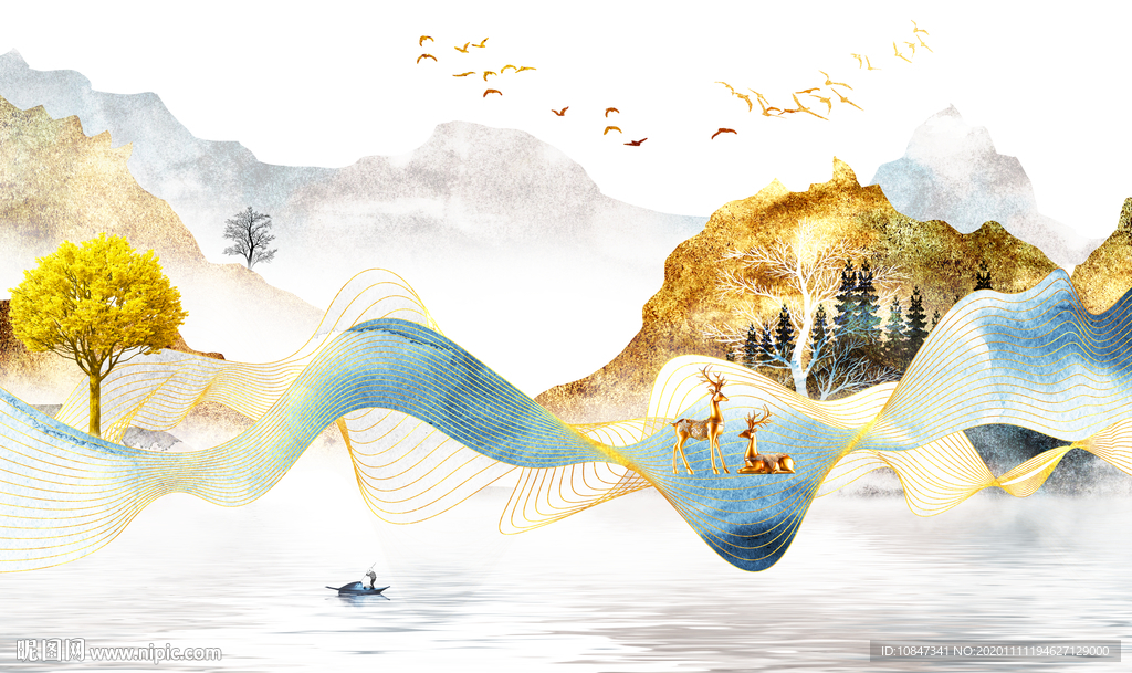 中式 背景墙山水画 TIF分层