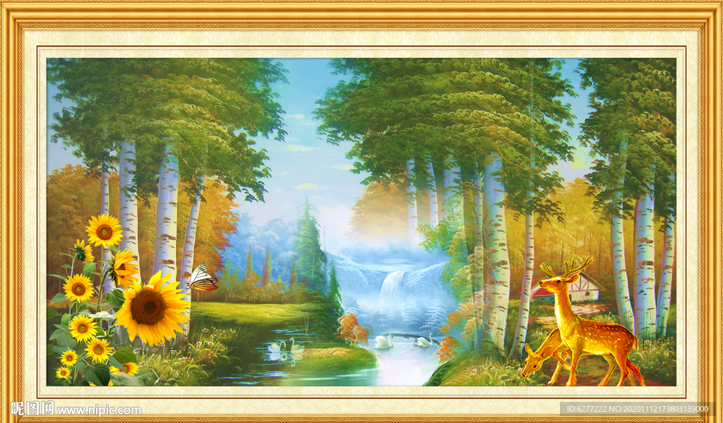 精美鹿与向日葵意境画背景墙设计