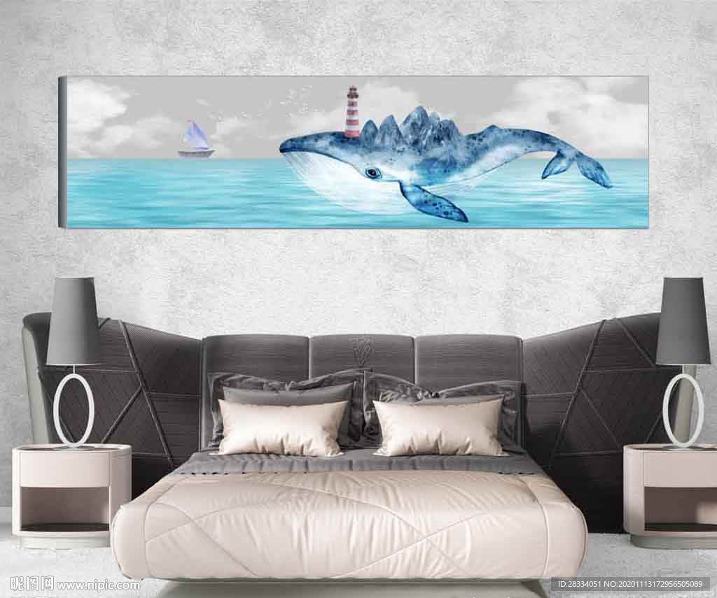 儿童房鲸鱼灯塔床头装饰画