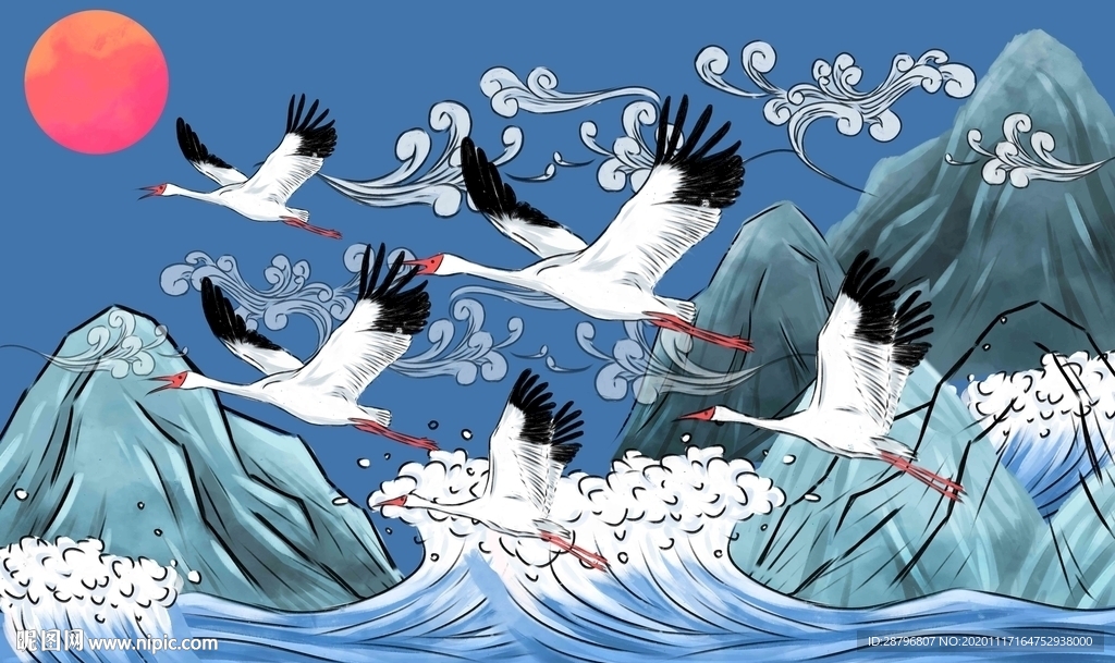 现代手绘中国风太阳云朵白鹤电视