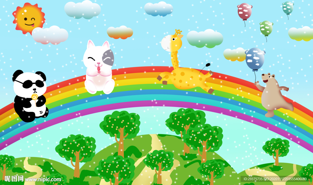 彩虹卡通动物儿童房装饰画