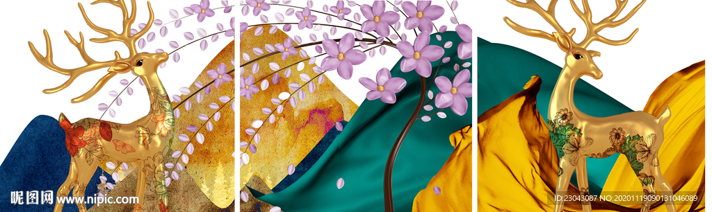 立体麋鹿发财树背景墙装饰画