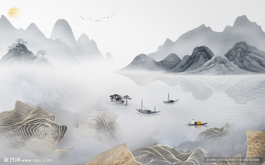 轻奢中式风山水画 tif分层