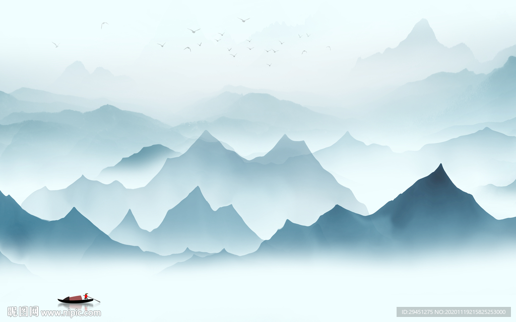 蓝色中式风山水画 tif分层