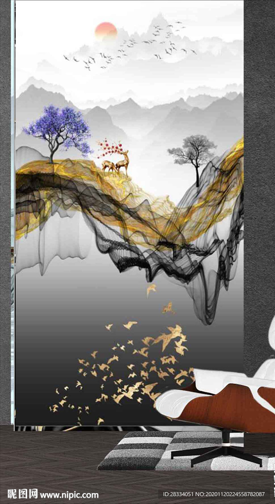 新中式抽象飘带山水风景玄关装饰