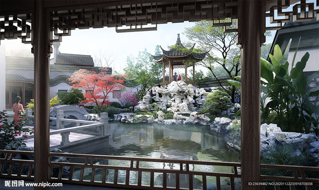 古建庭院水景 效果图