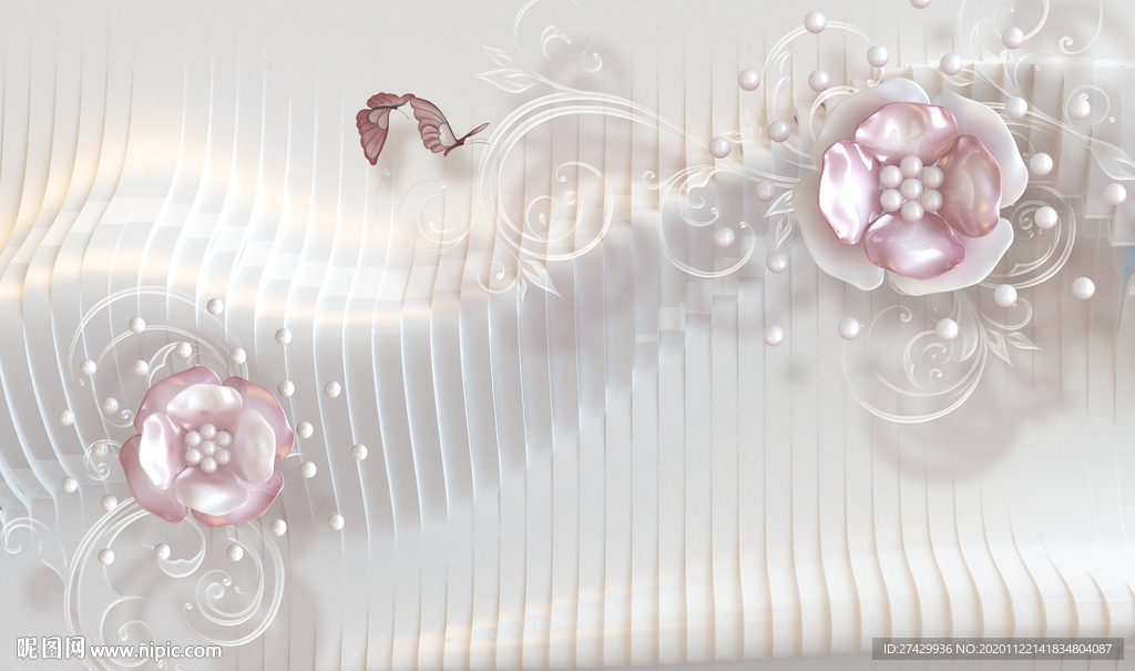 珍珠玫瑰花蝴蝶琉璃墙立体壁画