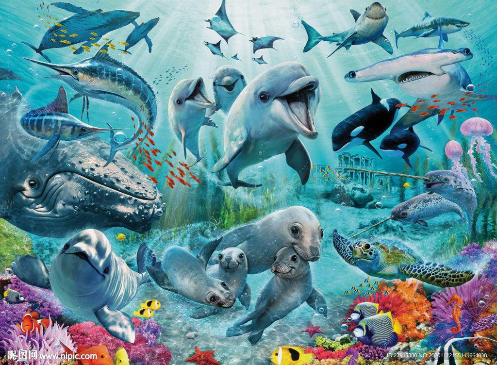 3D海底世界海豚室内背景墙