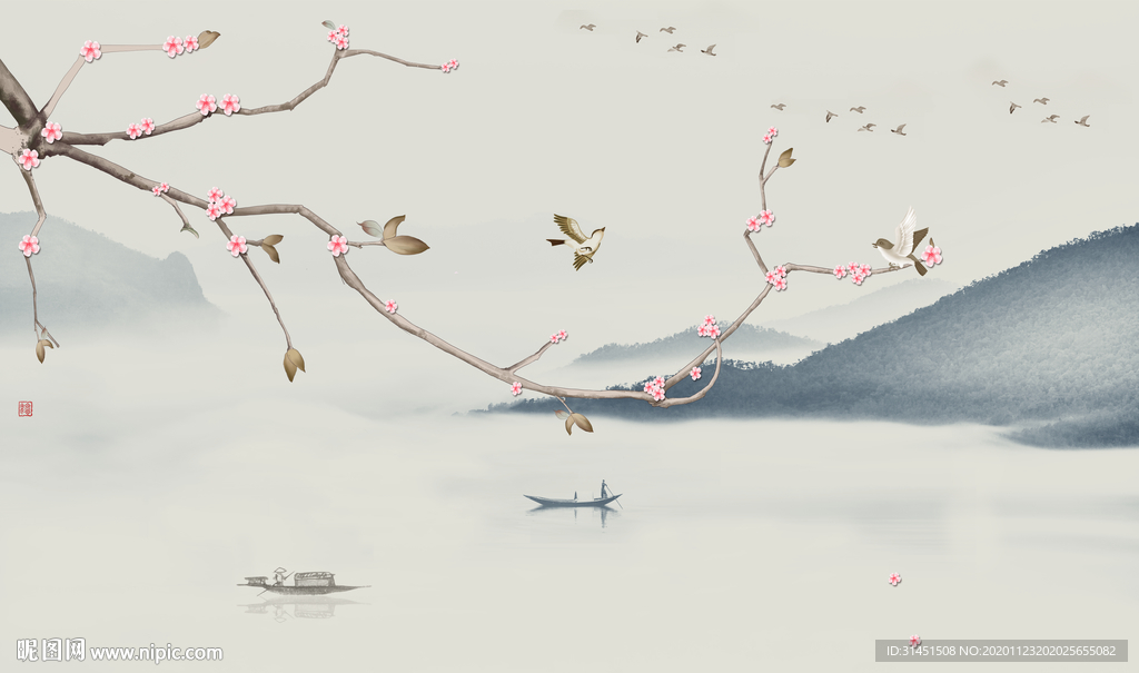 手绘中式山水花鸟