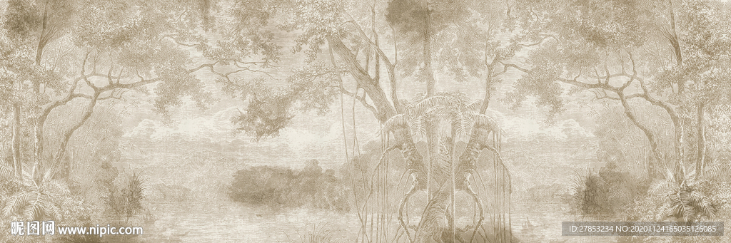 欧式复古雨林西洋画棕榈叶风景