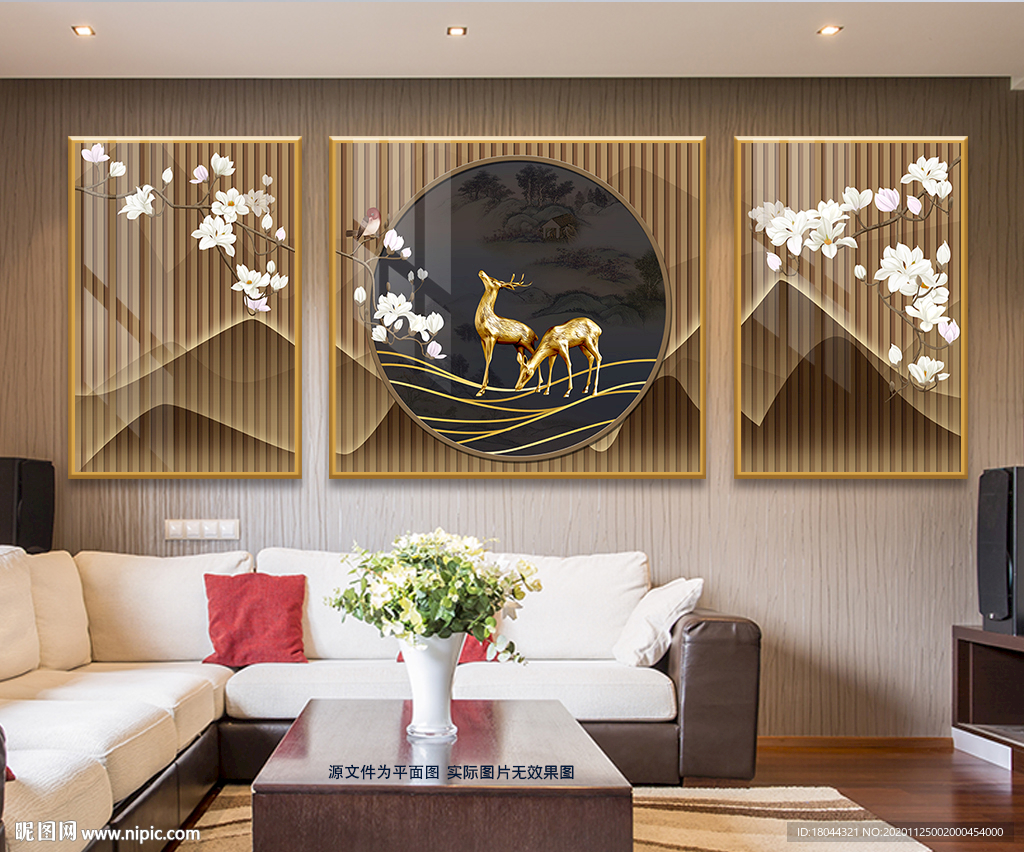 新中式玉兰花麋鹿木格栅装饰画