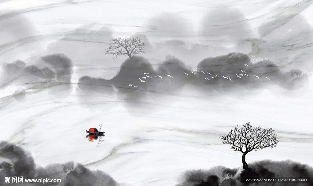 小船山水水墨山水电视背景墙