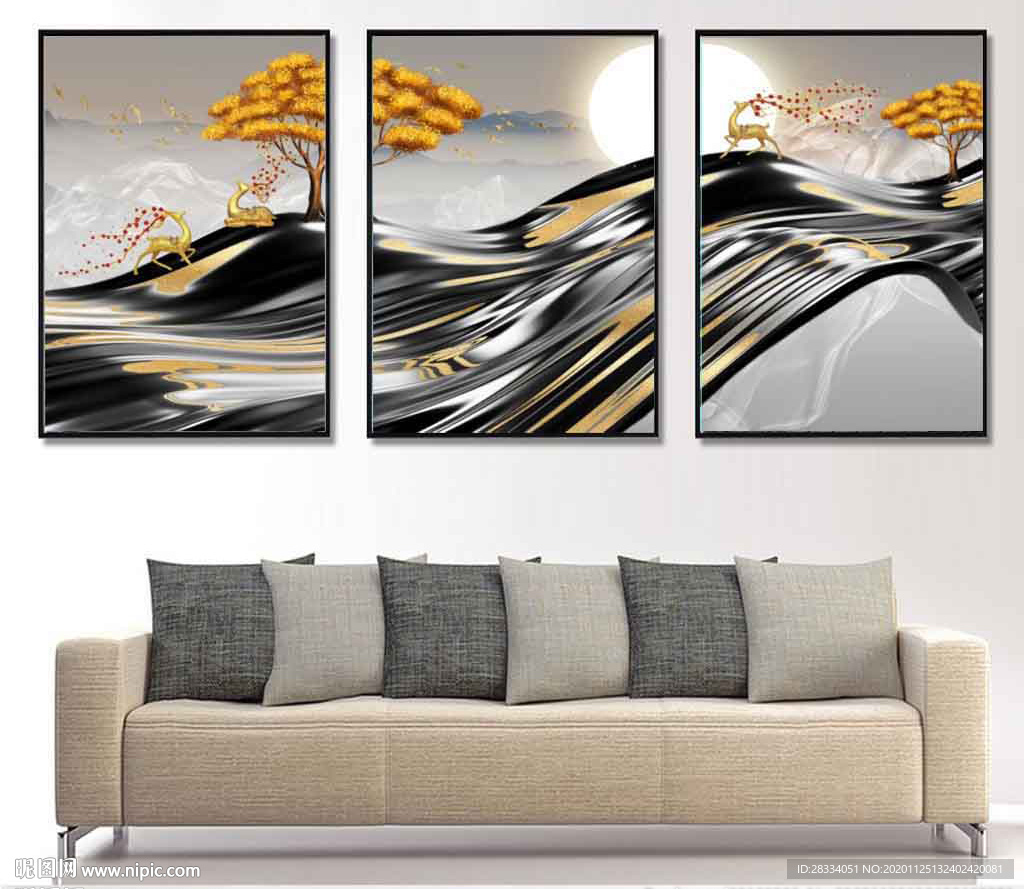 新中式烁金麋鹿山水装饰无框画