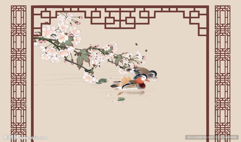 绿竹荷花鸳鸯电视背景墙图片